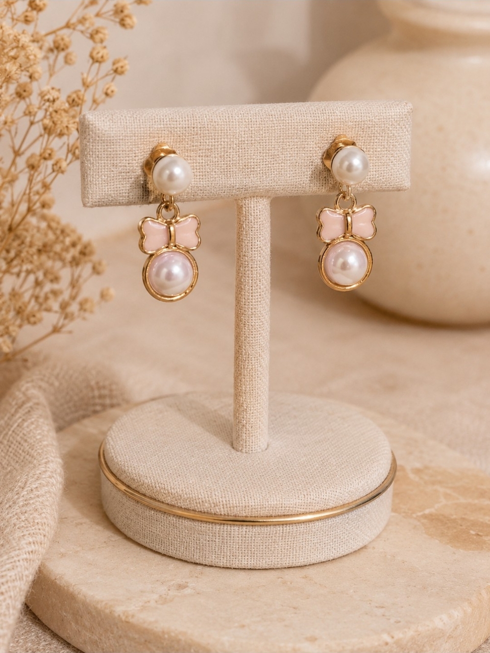 Gold-Tone Pink Bow Pearl Drop Earrings